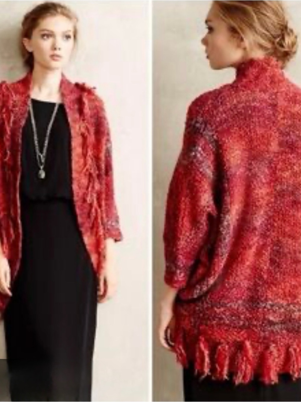 Sleeping on Snow Anthropology Textured Open-Front Fringe Cardigan Red Purple S